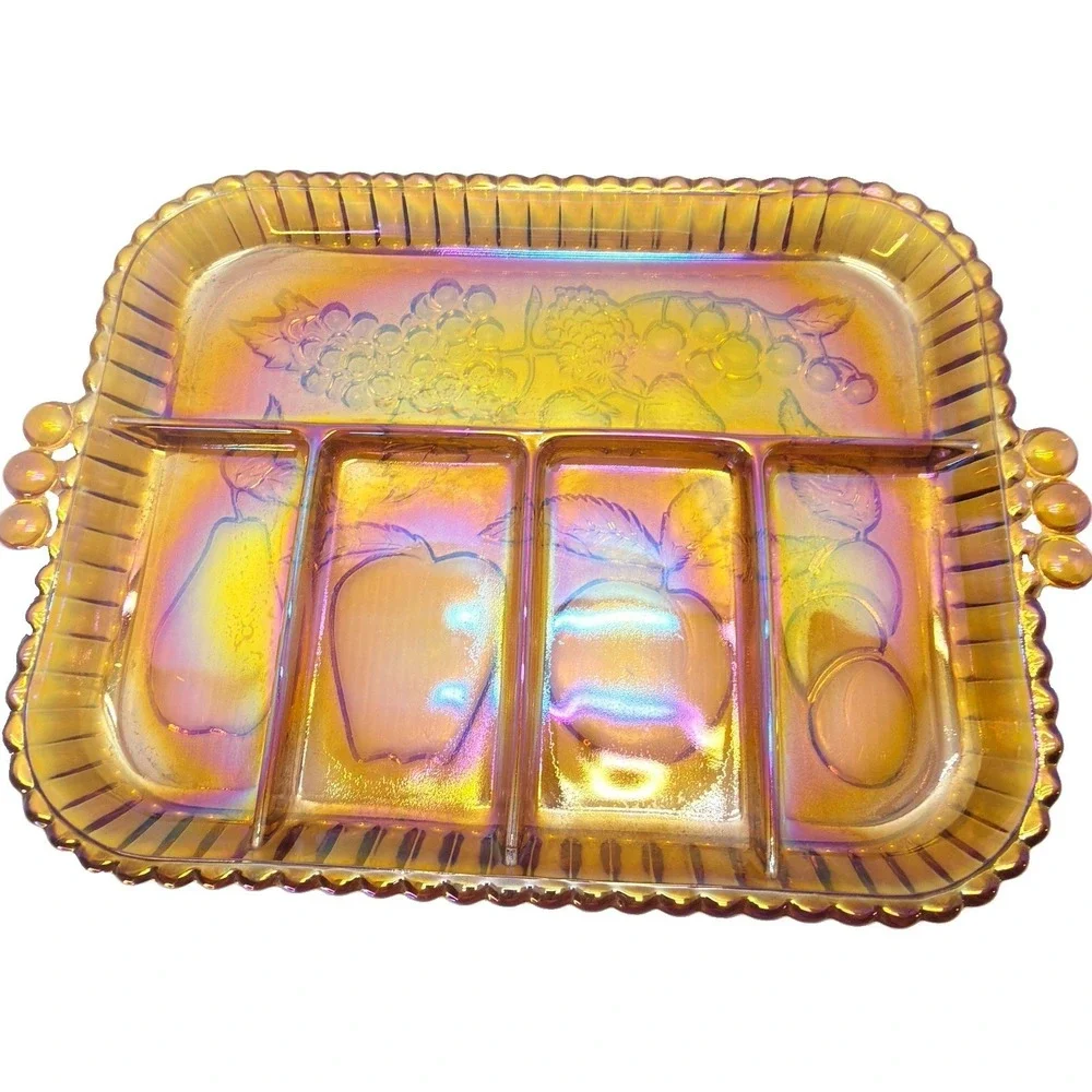 Vintage Indiana Glass Amber Divided Relish Tray Charcuterie Serving Dish MCM